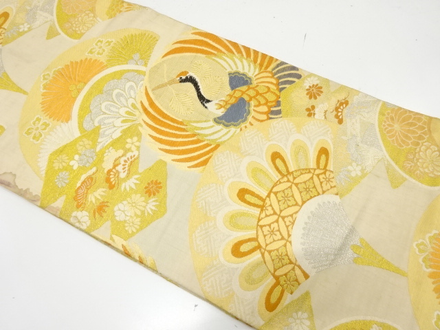 JAPANESE KIMONO / ANTIQUE MARU OBI / WOVEN FLORAL PLANTS & CRANE